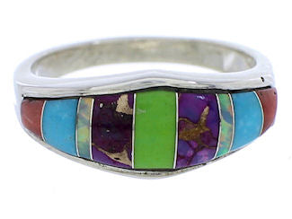 Southwest Turquoise Multicolor Silver Ring Size 6-3/4 EX51017